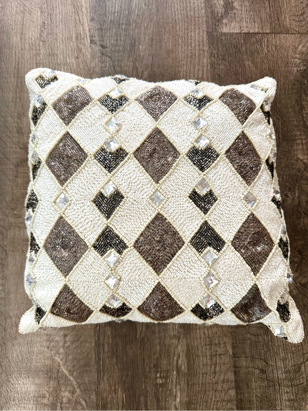 Beaded Diamond Pattern Throw Pillow - White and Gray